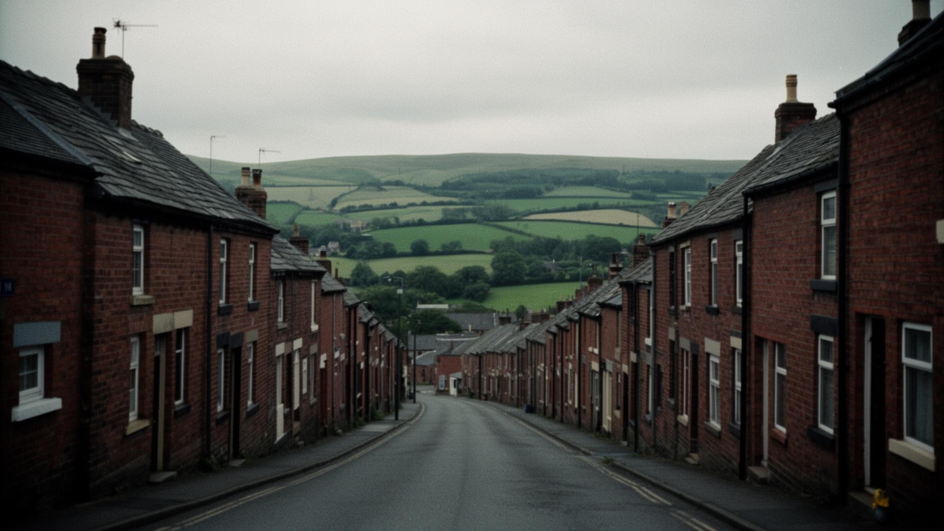 Quiet street in Chilton, County Durham, with red-brick terraces leading toward open countryside