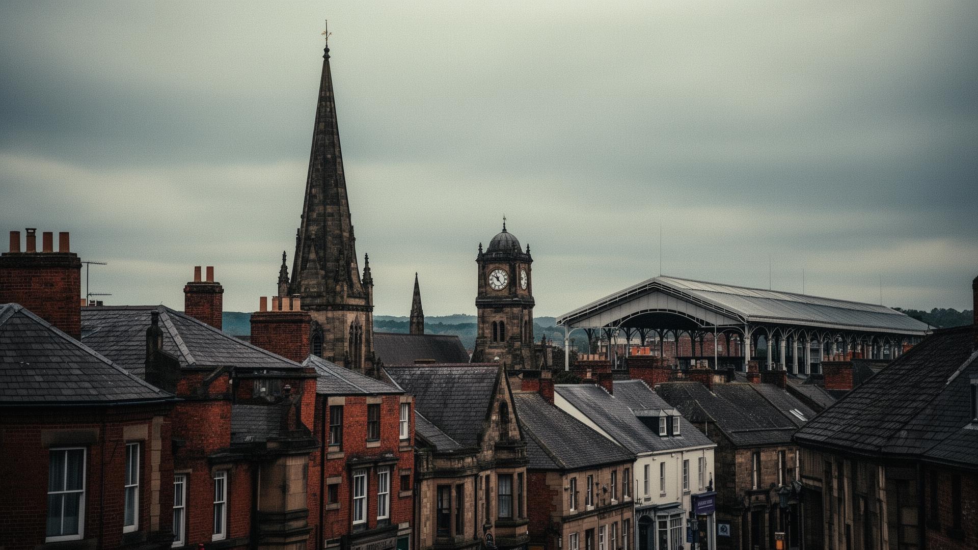Darlington skyline with the spire of St Cuthbert's Church and the Victorian covered market clock tower