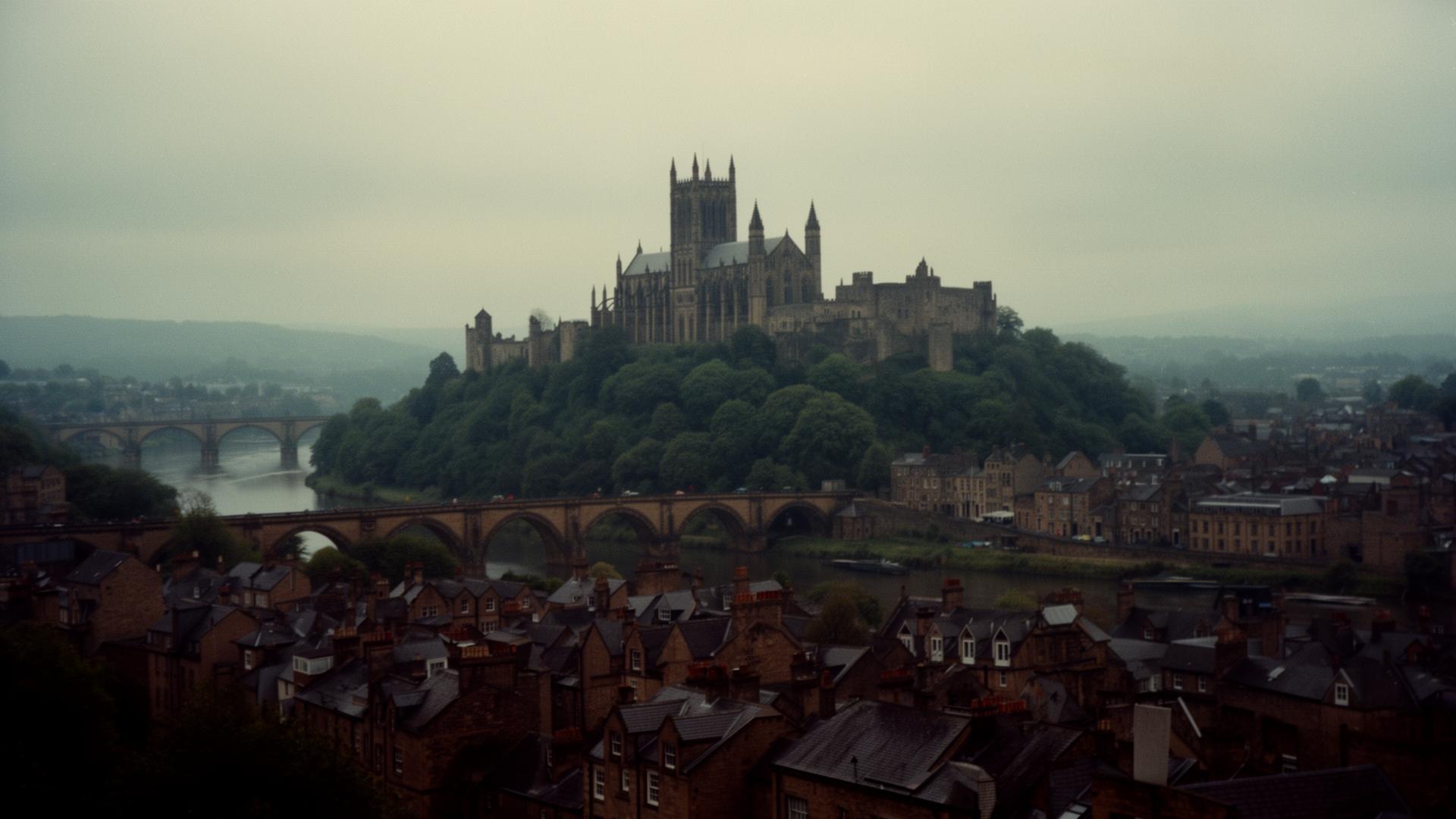 Durham Cathedral and castle on the wooded peninsula above the River Wear
