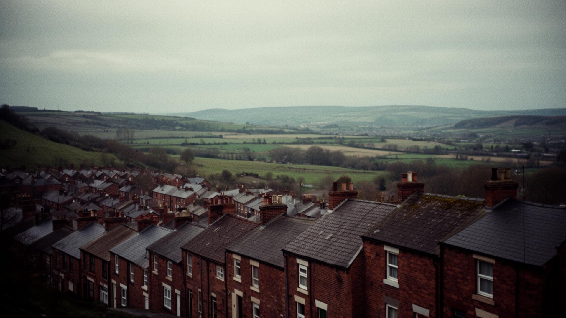 Ferryhill rooftops descending the hillside above the open Durham countryside