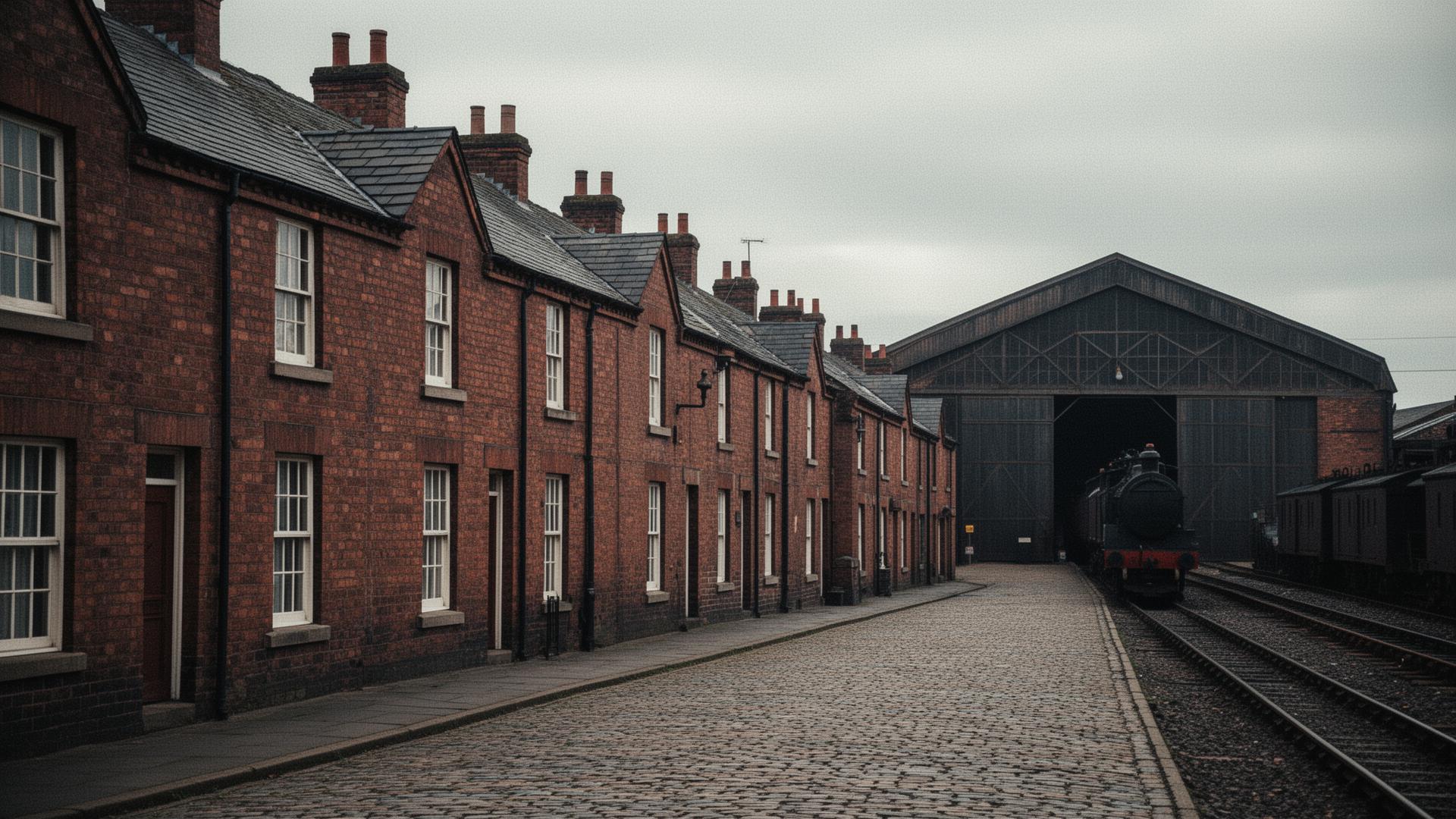 Historic railway-worker terraces and old engine shed at Shildon, County Durham