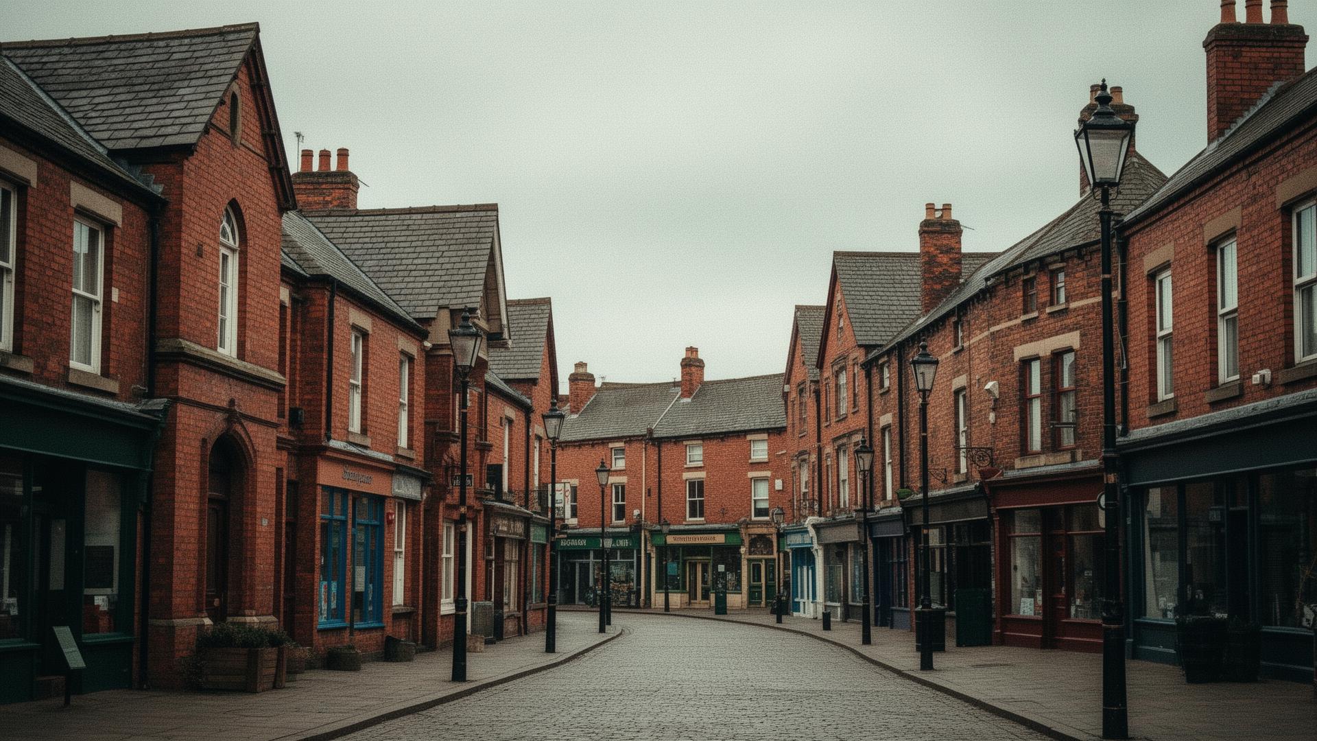 Atmospheric view of Spennymoor town centre with traditional red-brick buildings and slate rooftops in County Durham