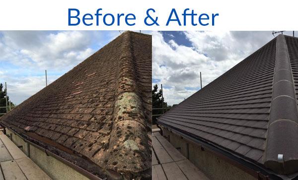 Before and after pitched roof clean showing mossy tiles transformed to clean roof