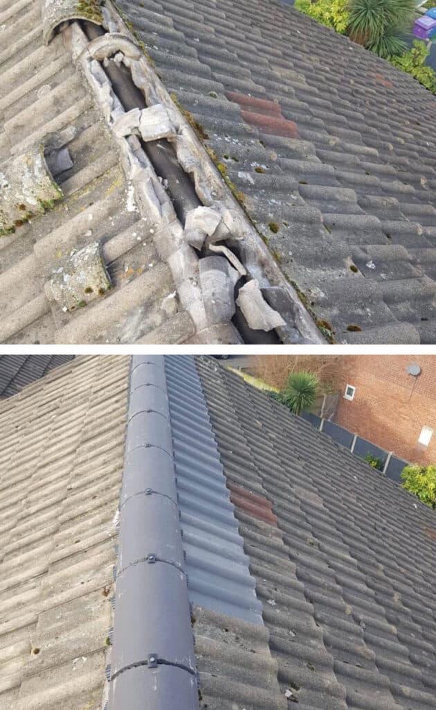 Before and after photograph of damaged ridge tiles repaired on a pitched roof